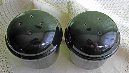 Black Porcelain Salt and Pepper Shakers - Amethyst Glass - I Bought a Yard Sale