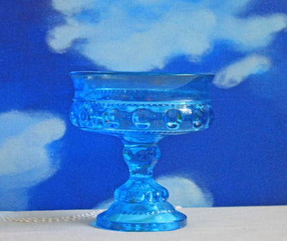 Blue Glass Footed Bowl - Thumb Print Pattern - I Bought a Yard Sale