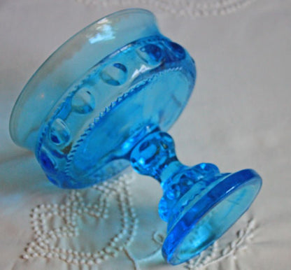 Blue Glass Footed Bowl - Thumb Print Pattern - I Bought a Yard Sale