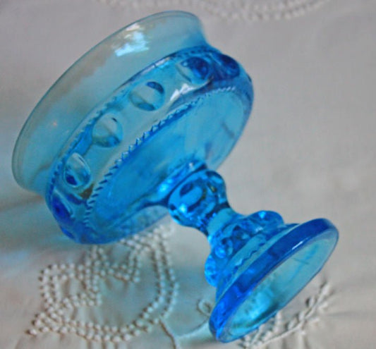 Blue Glass Footed Bowl - Thumb Print Pattern - I Bought a Yard Sale