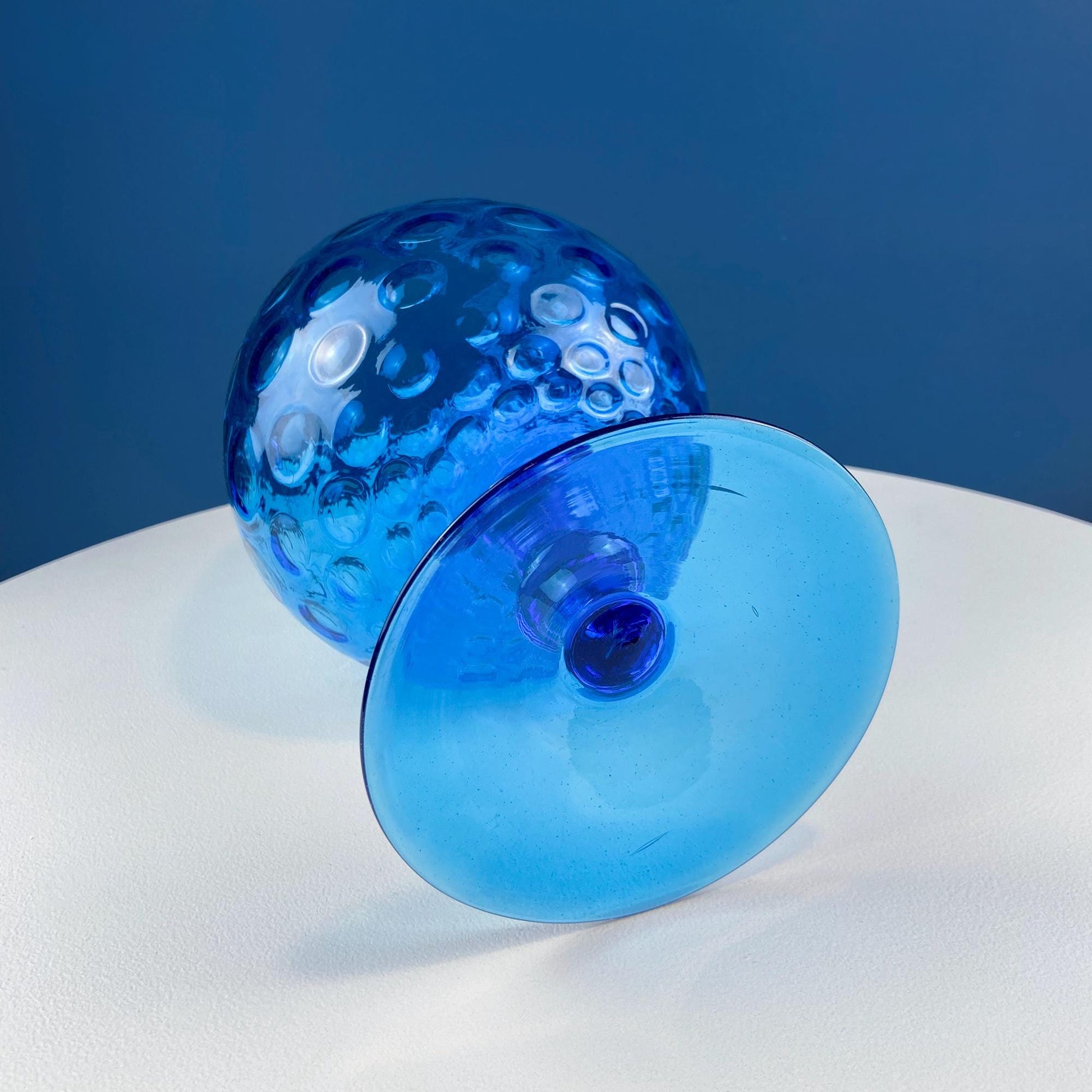 Blue Hand - Blown Glass Footed Vase. Large Goblet with Thumb Print Motif. Collectible Modern Glass. Home or Retail Decor. Interior Design Idea - I Bought a Yard Sale