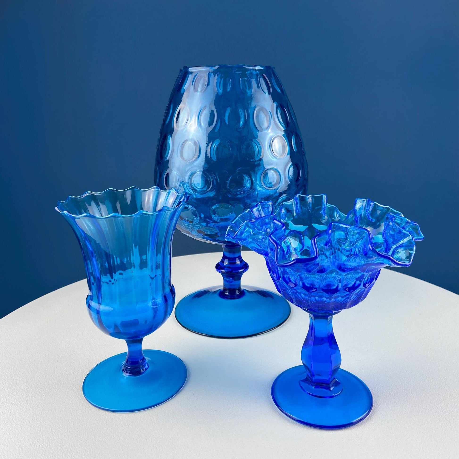 Blue Hand - Blown Glass Footed Vase. Large Goblet with Thumb Print Motif. Collectible Modern Glass. Home or Retail Decor. Interior Design Idea - I Bought a Yard Sale