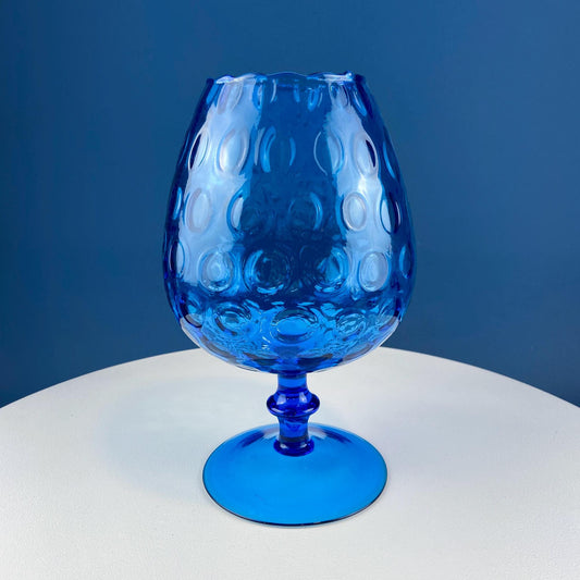 Blue Hand - Blown Glass Footed Vase. Large Goblet with Thumb Print Motif. Collectible Modern Glass. Home or Retail Decor. Interior Design Idea - I Bought a Yard Sale