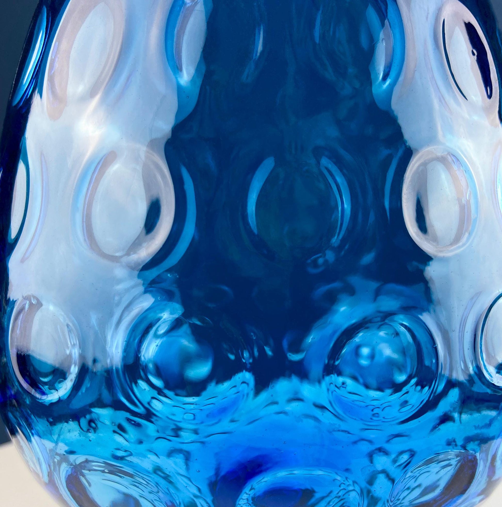 Blue Hand - Blown Glass Footed Vase. Large Goblet with Thumb Print Motif. Collectible Modern Glass. Home or Retail Decor. Interior Design Idea - I Bought a Yard Sale