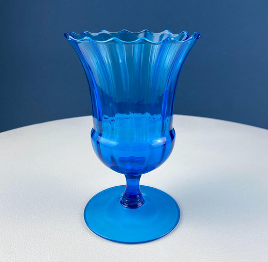 Blue Hand - Blown Glass Footed Vase. Large Goblet with Thumb Print Motif. Collectible Modern Glass. Home or Retail Decor. Interior Design Idea - I Bought a Yard Sale
