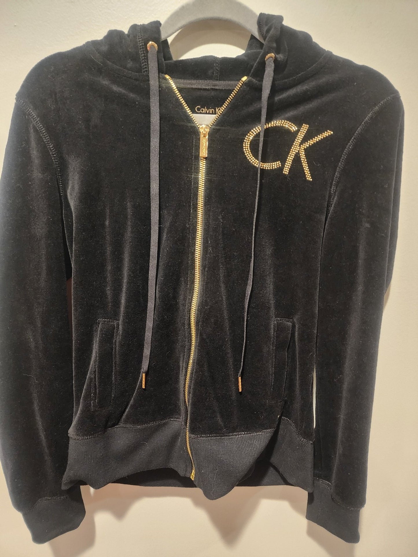 Calvin Klein Velour Jacket Women's Small Black Gold Rhinestone CK Logo Full Zip - I Bought a Yard Sale