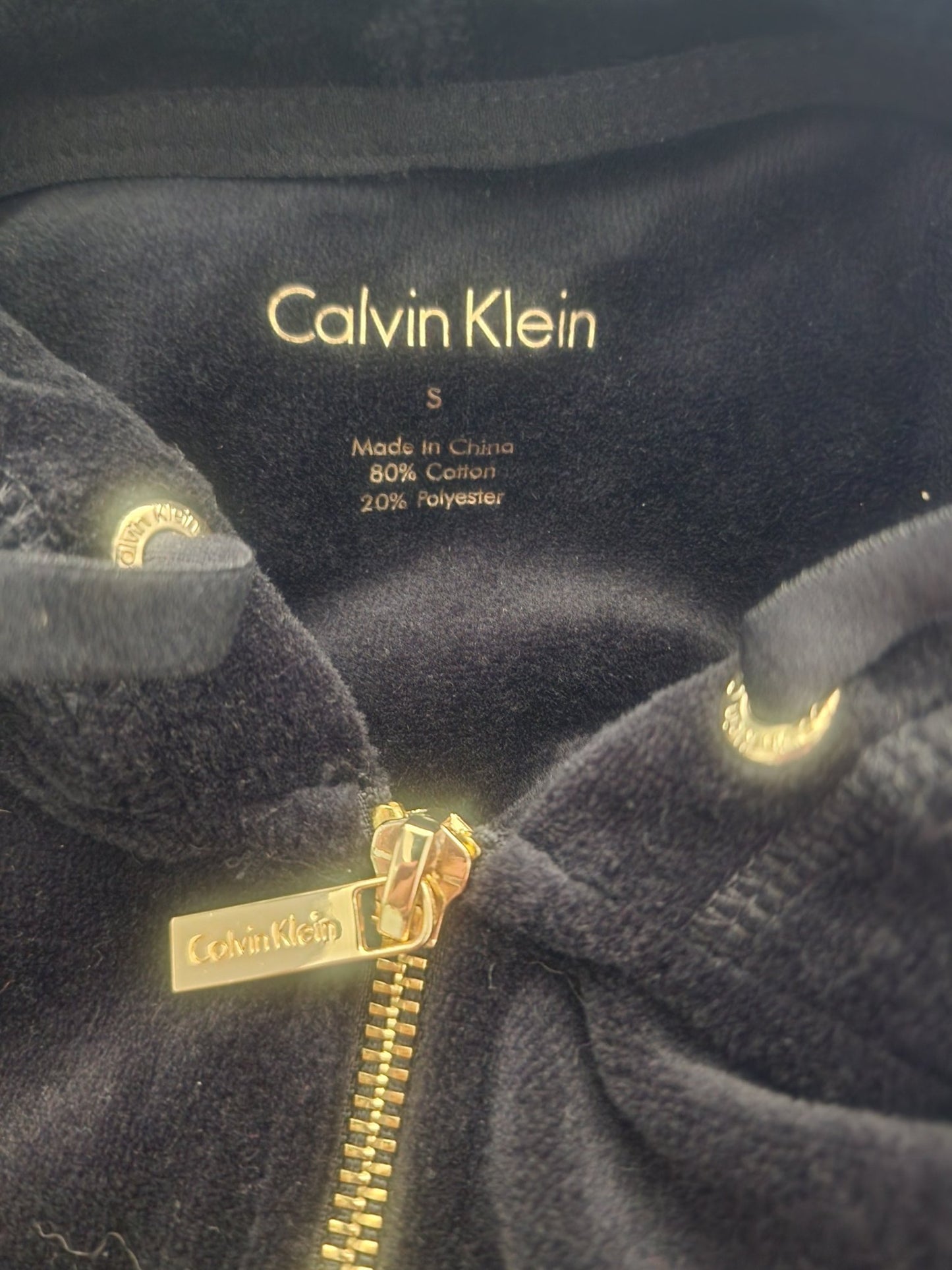 Calvin Klein Velour Jacket Women's Small Black Gold Rhinestone CK Logo Full Zip - I Bought a Yard Sale