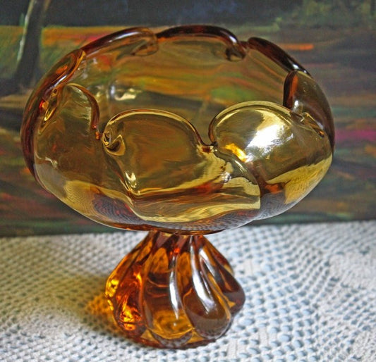 Candy Bowl. Amber Glass Footed Bowl. Pinched Rim Bowl or Compote with Scalloped Rim and Ornate Foot. Glass Art Home Decor. - I Bought a Yard Sale