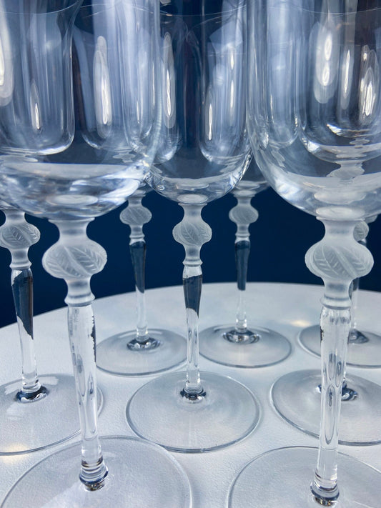 Clear Crystal Wine Goblets with Frosted Leaf Ball on the Stems. Stunning Sasaki Isabelle 8" Glassware. Long Ping. Set Of 10. - I Bought a Yard Sale