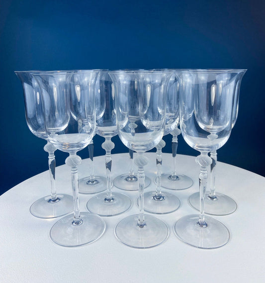 Clear Crystal Wine Goblets with Frosted Leaf Ball on the Stems. Stunning Sasaki Isabelle 8" Glassware. Long Ping. Set Of 10. - I Bought a Yard Sale
