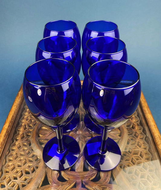 Cobalt Blue Wine Glasses. Set of Six Stemware. Dark Blue Modern Glasses. Holiday Celebration. - I Bought a Yard Sale