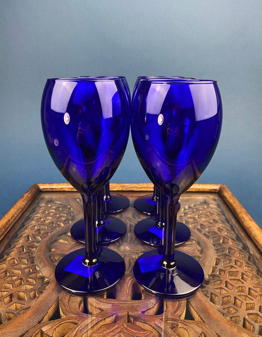 Cobalt Blue Wine Glasses. Set of Six Stemware. Dark Blue Modern Glasses. Holiday Celebration. - I Bought a Yard Sale