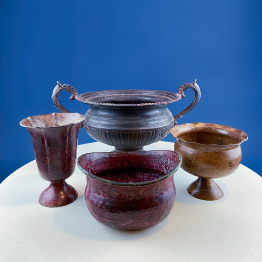 Collection of Rustic Metal Urns Jardinieres. Flower Arrangements or Herb Garden. Set of 4 Planters. Home Retail Decor. Florist Supplies. - I Bought a Yard Sale