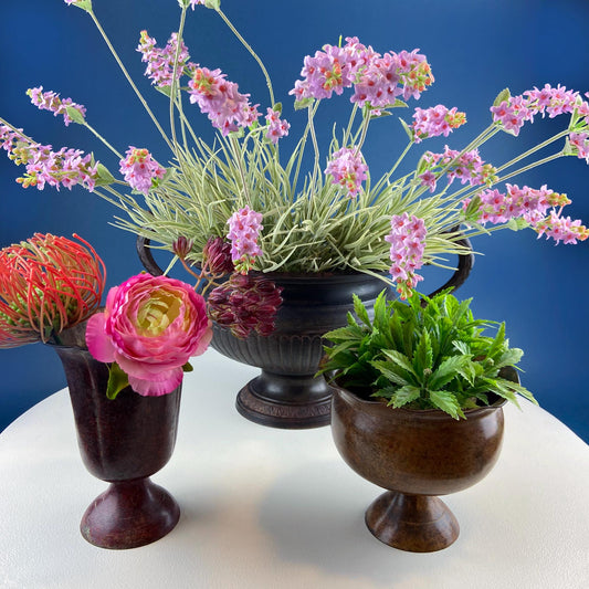 Collection of Rustic Metal Urns Jardinieres. Flower Arrangements or Herb Garden. Set of 4 Planters. Home Retail Decor. Florist Supplies. - I Bought a Yard Sale