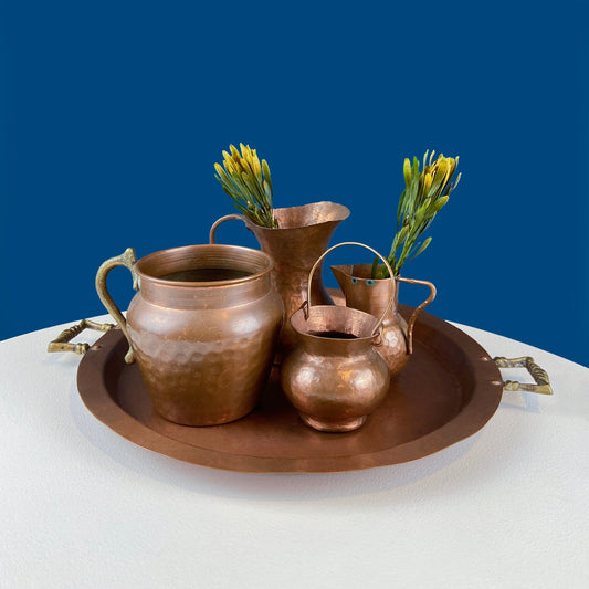 Collection of Vintage Copper Vases & Tray with Brass Handles. Set of 4 Small Hand Pounded Containers. Rustic Home Cabin Decor. Styling Ideas - I Bought a Yard Sale