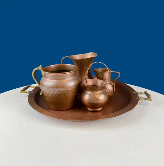 Collection of Vintage Copper Vases & Tray with Brass Handles. Set of 4 Small Hand Pounded Containers. Rustic Home Cabin Decor. Styling Ideas - I Bought a Yard Sale