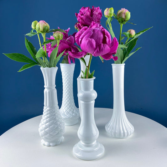 Collection of White Milk Glass Vases with Different Designs. Set of Five in Varying Shapes & Sizes. Contemporary Cottage or Modern Farmhouse - I Bought a Yard Sale