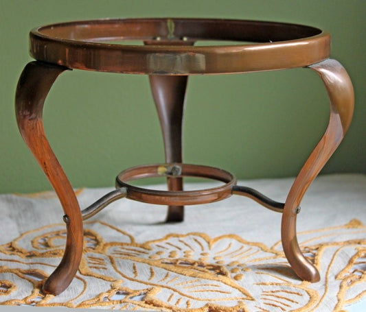 Copper Chafing Pot and Stand. Copper Lidded Dish with Handle over Warming Stand and Burner. All Pieces Come Apart. - I Bought a Yard Sale