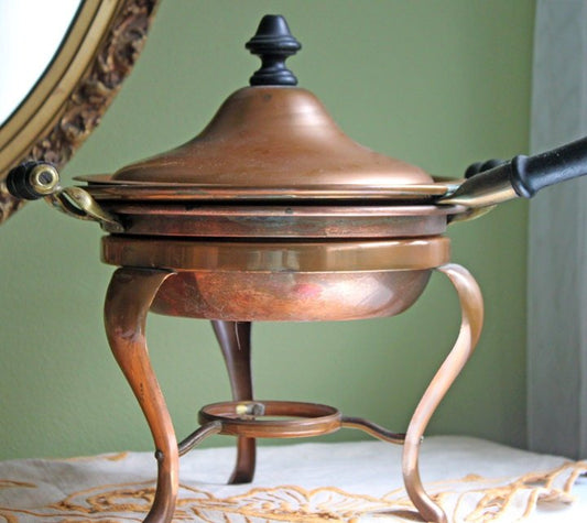 Copper Chafing Pot and Stand. Copper Lidded Dish with Handle over Warming Stand and Burner. All Pieces Come Apart. - I Bought a Yard Sale