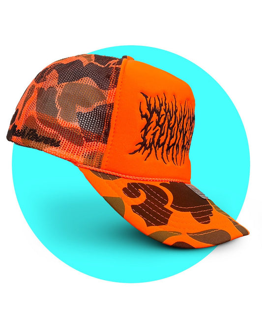 Country Metal Gone Huntin' Embroidered Camo Trucker Hat - I Bought a Yard Sale