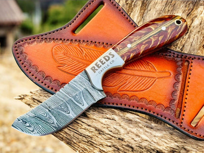 Cowboy Knife 3.25" Damascus Blade with Red Pine Cone Resin Handle - I Bought a Yard Sale