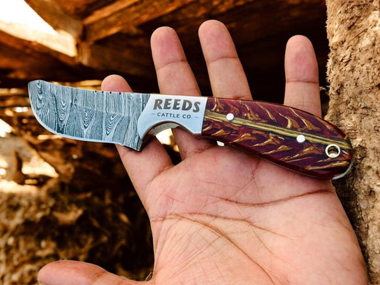Cowboy Knife 3.25" Damascus Blade with Red Pine Cone Resin Handle - I Bought a Yard Sale