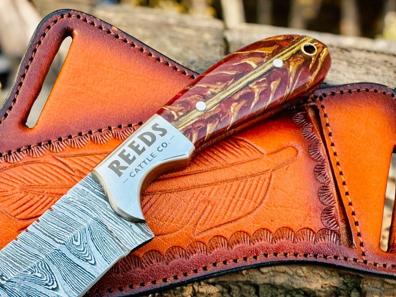 Cowboy Knife 3.25" Damascus Blade with Red Pine Cone Resin Handle - I Bought a Yard Sale