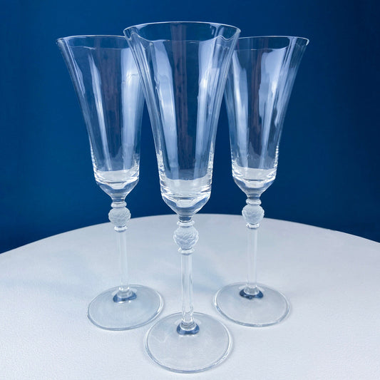 Crystal Champagne Glasses with Ball Stem. Enchantress by Mikasa. Frosted Ball Shaped like Berries & Leaves. Set of 11. Beautiful Ping. - I Bought a Yard Sale
