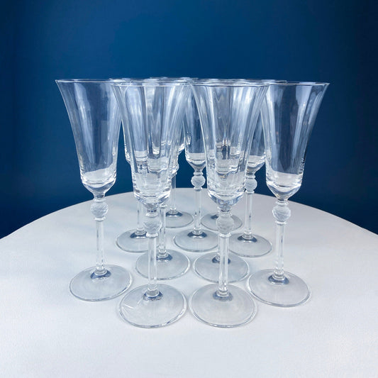 Crystal Champagne Glasses with Ball Stem. Enchantress by Mikasa. Frosted Ball Shaped like Berries & Leaves. Set of 11. Beautiful Ping. - I Bought a Yard Sale