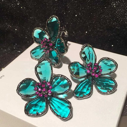 Crystal Flower Stud Earrings Brooch Ring Jewelry for Women Vintage Party Gift - I Bought a Yard Sale