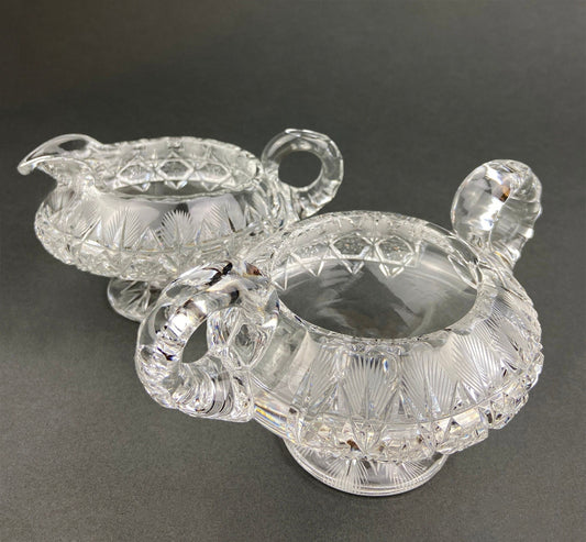 Cut Crystal Creamer and Sugar Bowls: Feather Cut Pattern, Set of Two - I Bought a Yard Sale