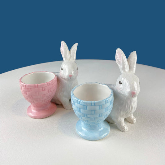 Cute Boy and Girl Bunnies Egg Cups. Rabbits with Blue and Pink Baskets. Set of Two Serving Dishes. Easter/Spring Celebration. - I Bought a Yard Sale