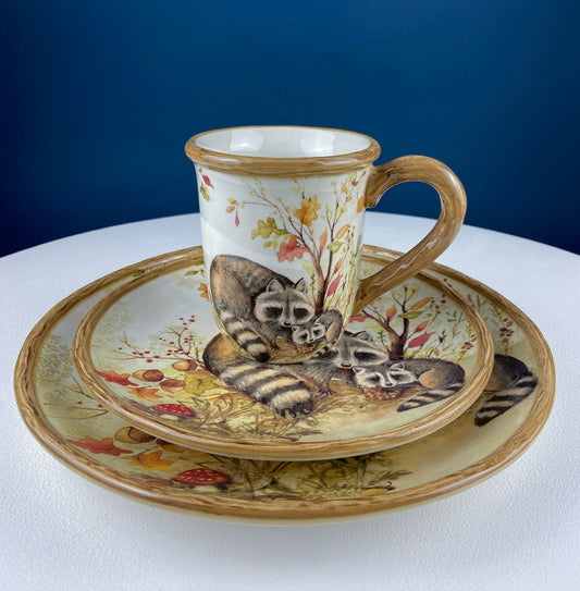 Cute Raccoon Dinner Set for One. Whimsical Plates and Mug. Kid at Heart or Grandparents' Gift for Grandkids. Fall Celebration. Cabin Decor. - I Bought a Yard Sale