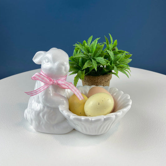Cute White Ceramic Bunny with Sunflower Basket and Pink Bow. Small Rabbit Planter or Candy Dish. Easter Spring Decor. Table Display. - I Bought a Yard Sale