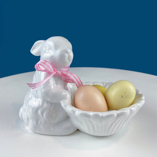 Cute White Ceramic Bunny with Sunflower Basket and Pink Bow. Small Rabbit Planter or Candy Dish. Easter Spring Decor. Table Display. - I Bought a Yard Sale