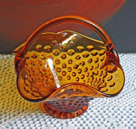 Depression Amber Glass Basket with Ruffled Rim & Hobnail Pattern - I Bought a Yard Sale