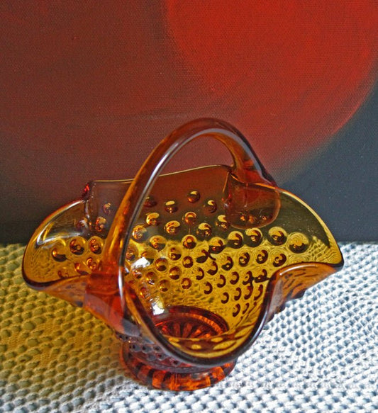 Depression Amber Glass Basket with Ruffled Rim & Hobnail Pattern - I Bought a Yard Sale