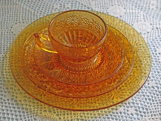 Depression Glass Daisy Pattern Tea or Coffee Cup with Saucer and Two Plates. Set by Indiana Glass Company made in 1930s. Gift Idea. - I Bought a Yard Sale