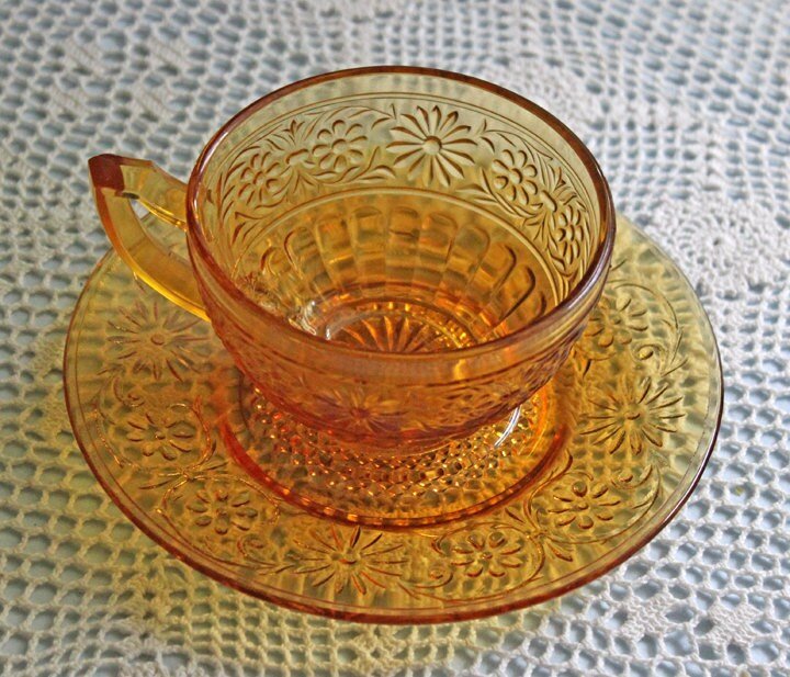 Depression Glass Daisy Pattern Tea or Coffee Cup with Saucer and Two Plates. Set by Indiana Glass Company made in 1930s. Gift Idea. - I Bought a Yard Sale
