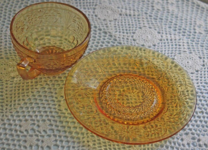 Depression Glass Daisy Pattern Tea or Coffee Cup with Saucer and Two Plates. Set by Indiana Glass Company made in 1930s. Gift Idea. - I Bought a Yard Sale