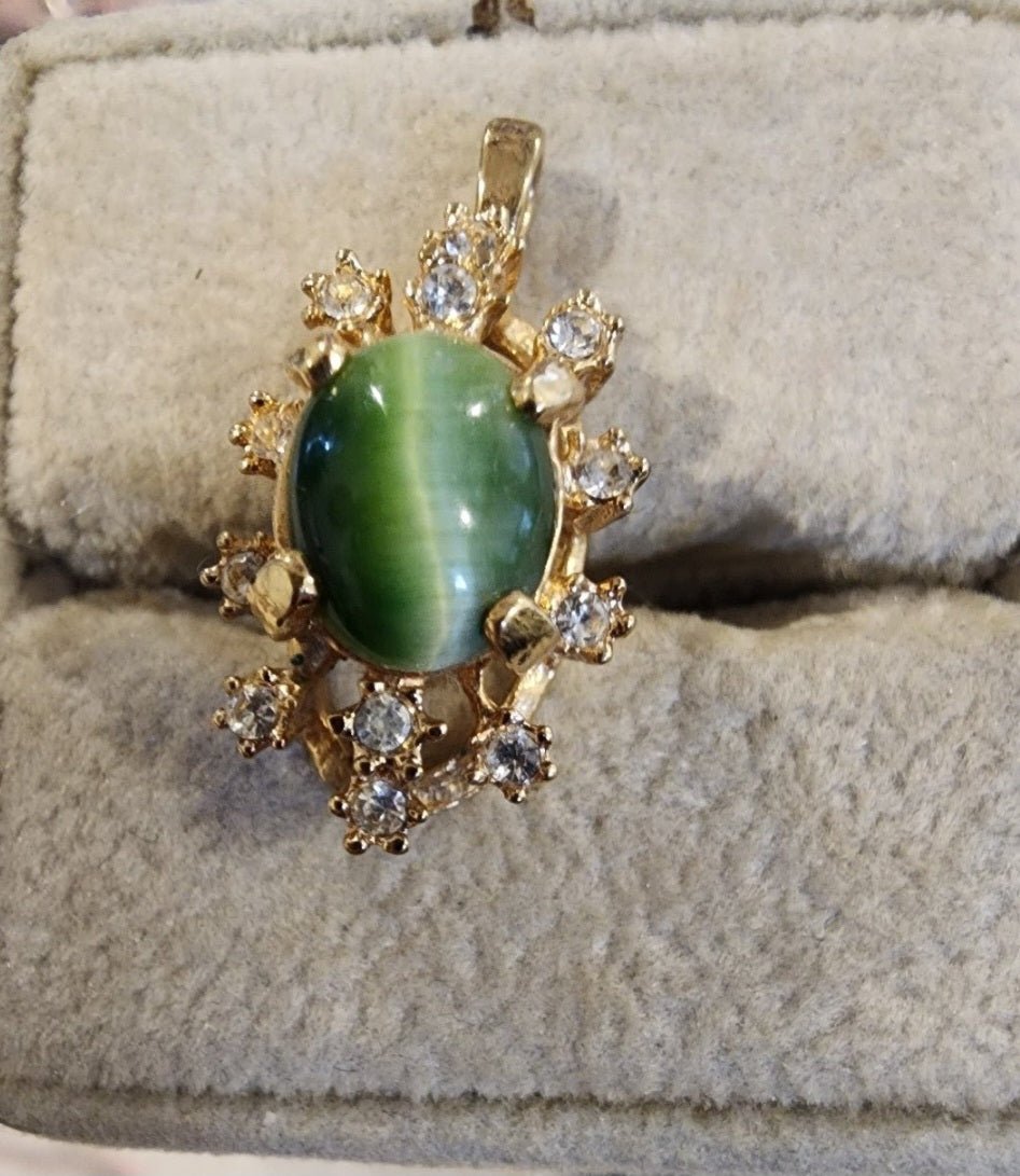 Elegant Pendent with Green Tigers eye gemstone accented with sparking clear stone - I Bought a Yard Sale