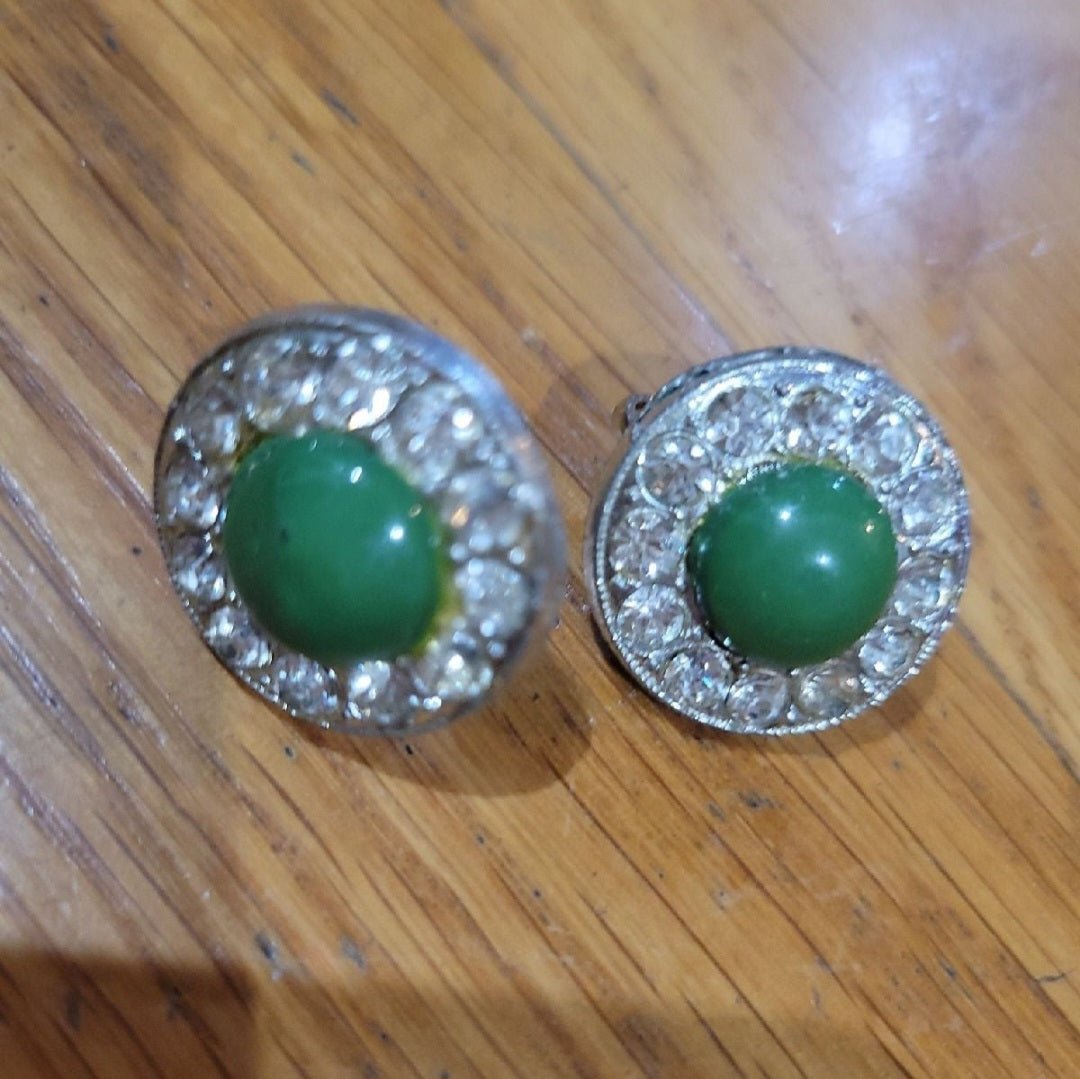 Elegant vintage earrings vibrant green gemstones with sparkling Rhinestones - I Bought a Yard Sale