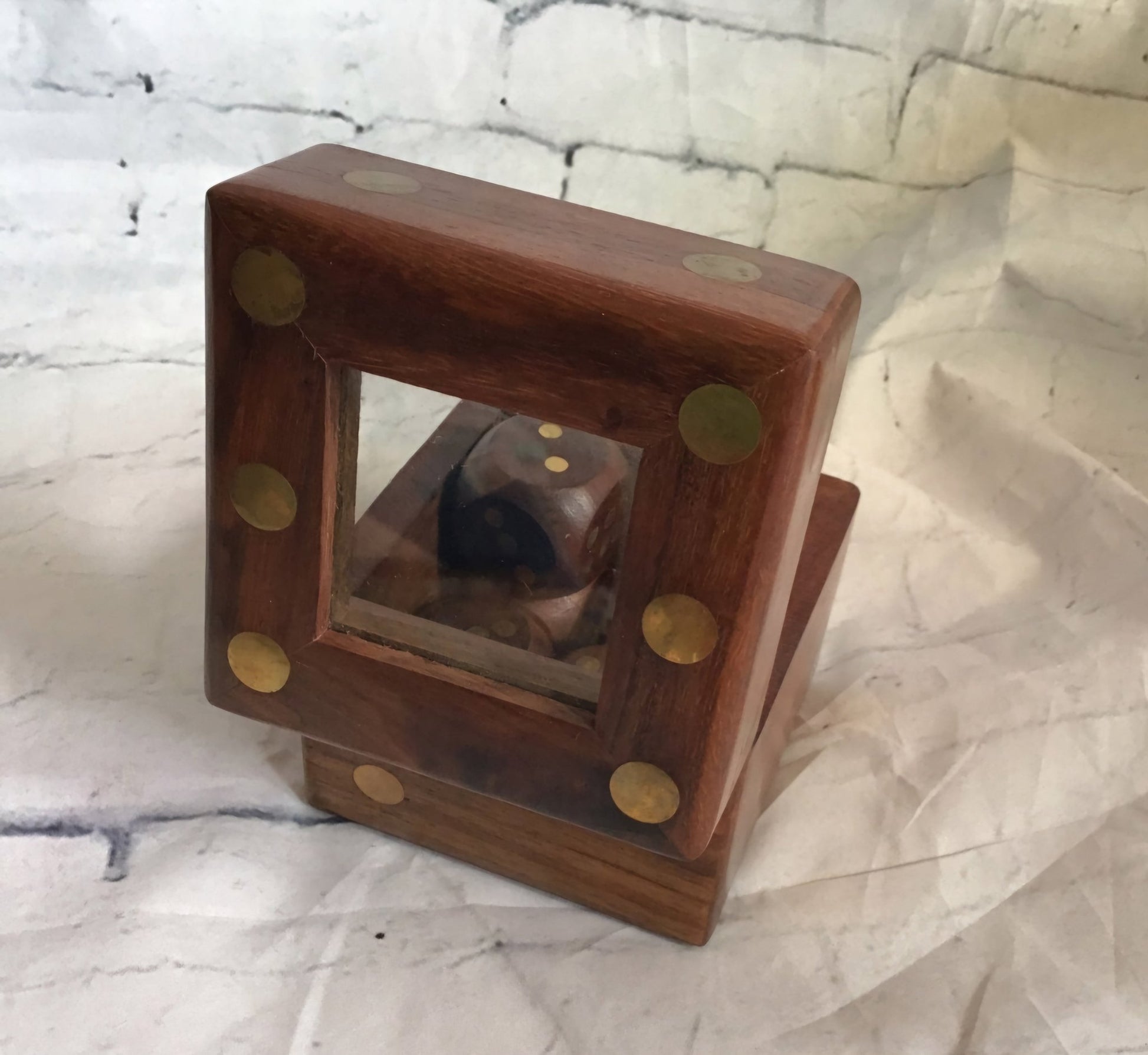 Elevate Your Game Nights: Handcrafted Wooden Dice Box with 5 Brass Inlaid Dice - I Bought a Yard Sale