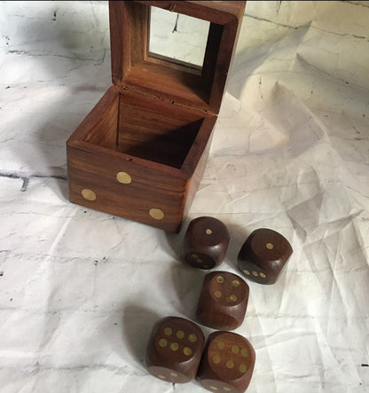 Elevate Your Game Nights: Handcrafted Wooden Dice Box with 5 Brass Inlaid Dice - I Bought a Yard Sale