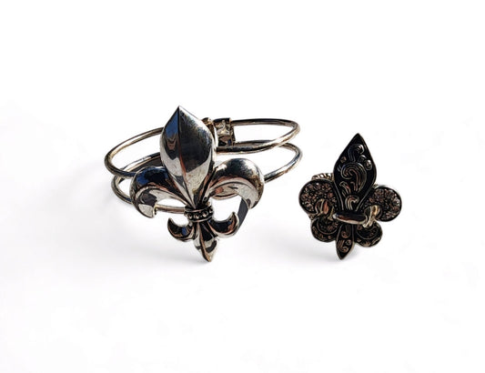 Fleur De Lis Bangle Bracelet & Ring with Rhinestones - I Bought a Yard Sale