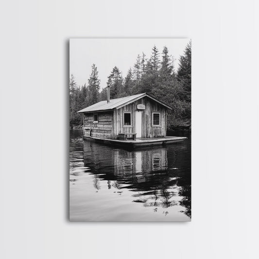 Floating Cabin, Lake House, Forest Reflection, Tranquil Waters, Framed Canvas Print, Bedroom Wall Art, Cabin Aesthetic, Rustic Nature Vibe - I Bought a Yard Sale