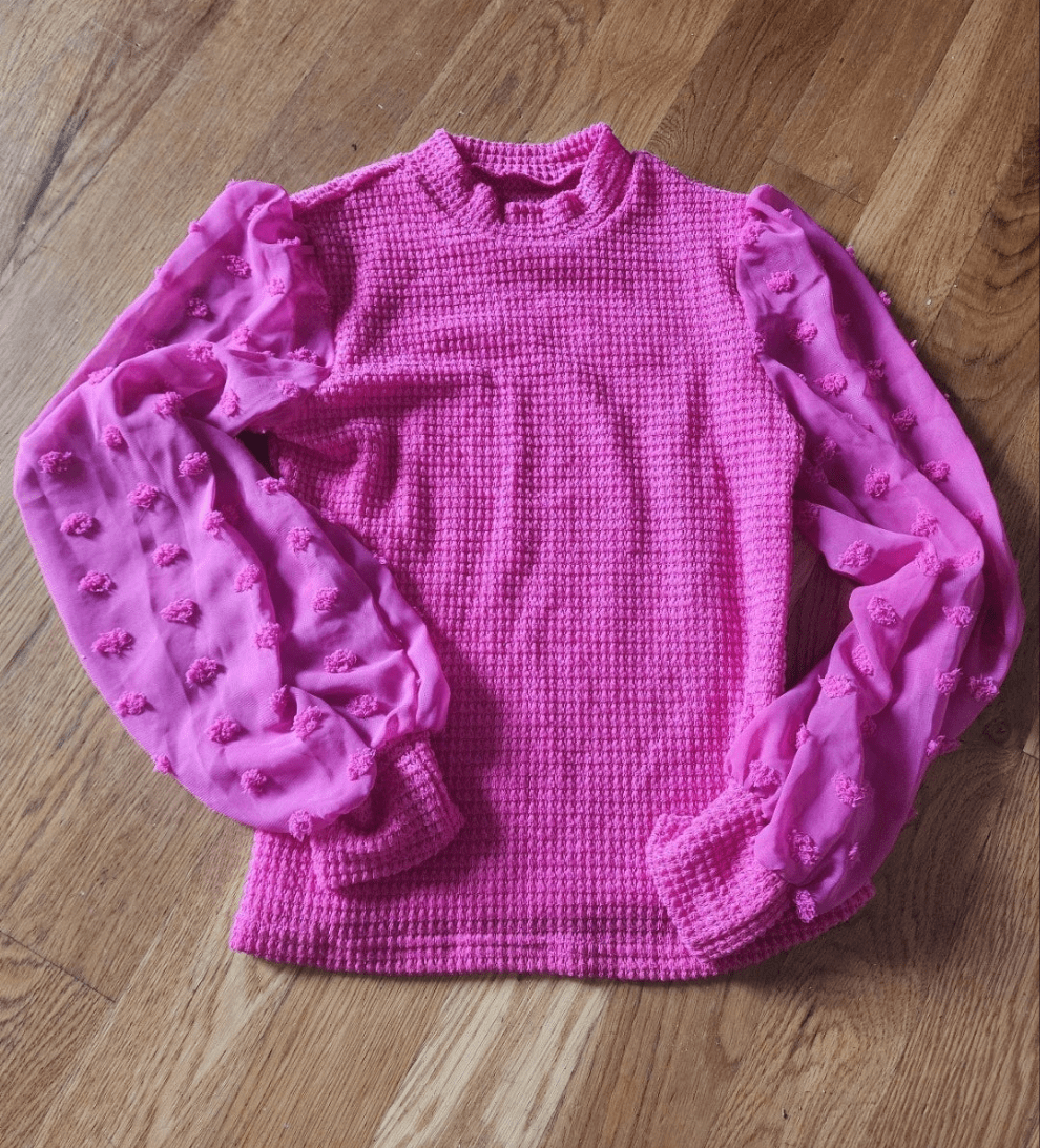 Frenchy Women Hot Pink Color crew Neck Sheer sleeves with pink pom poms size S - I Bought a Yard Sale