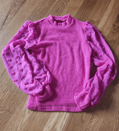 Frenchy Women Hot Pink Color crew Neck Sheer sleeves with pink pom poms size S - I Bought a Yard Sale