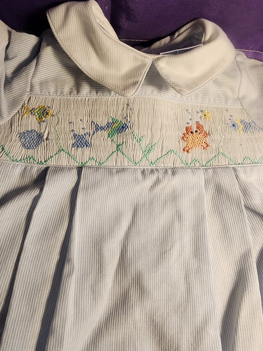 Friedknit Creations Smocked Baby Blue Beach ocean 3 Month Romper for boy - I Bought a Yard Sale
