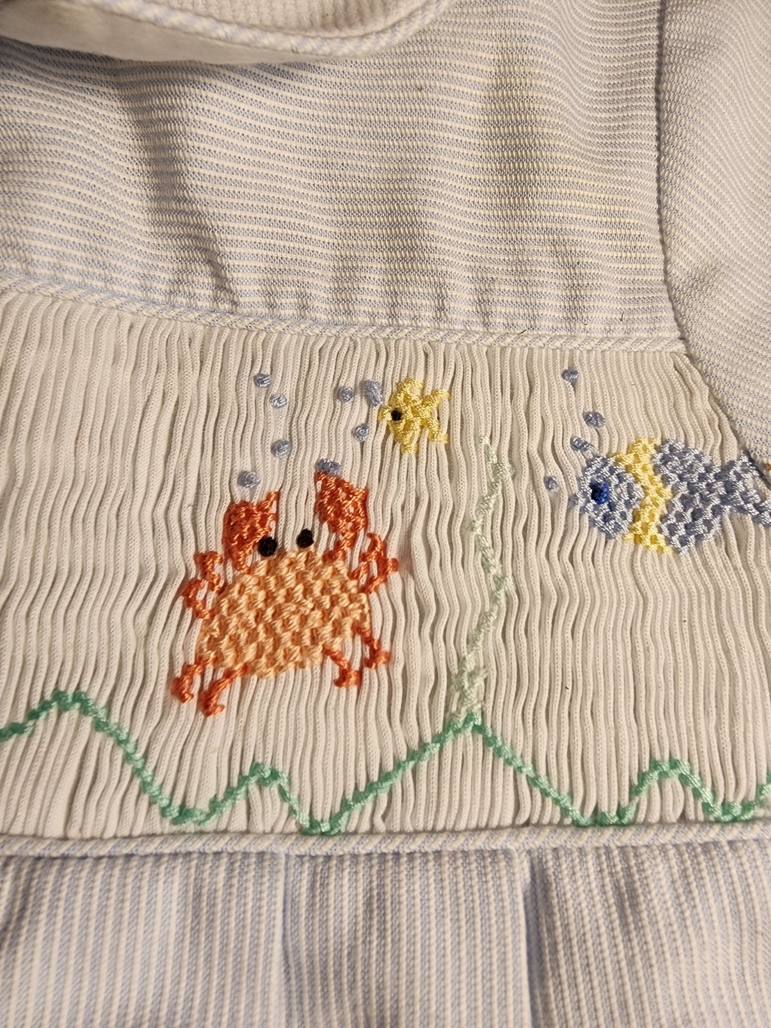 Friedknit Creations Smocked Baby Blue Beach ocean 3 Month Romper for boy - I Bought a Yard Sale